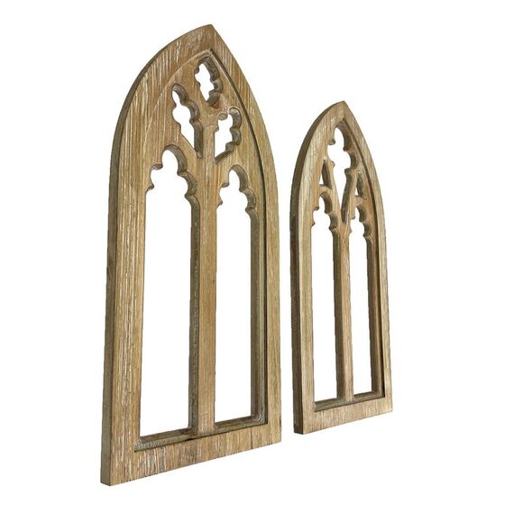 Whitewashed Wood Gothic Arch Window Frame Wall Decor 2 Piece Set - Picture 2 of 9